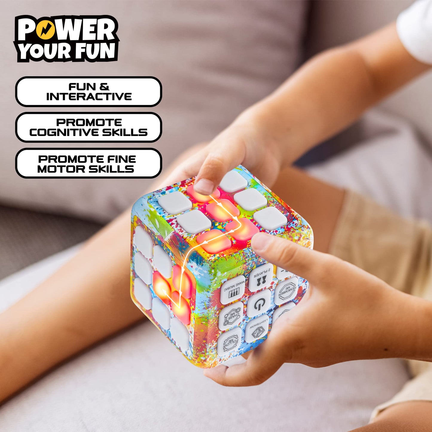 Power Your Fun Cubik LED Flashing Cube Memory Game - Electronic Handheld Game, 5 Brain Memory Games for Kids STEM Sensory Toys Brain Play Puzzle Fidget Light Up Cube Stress Relief Fidget Toy (Tie Dye)