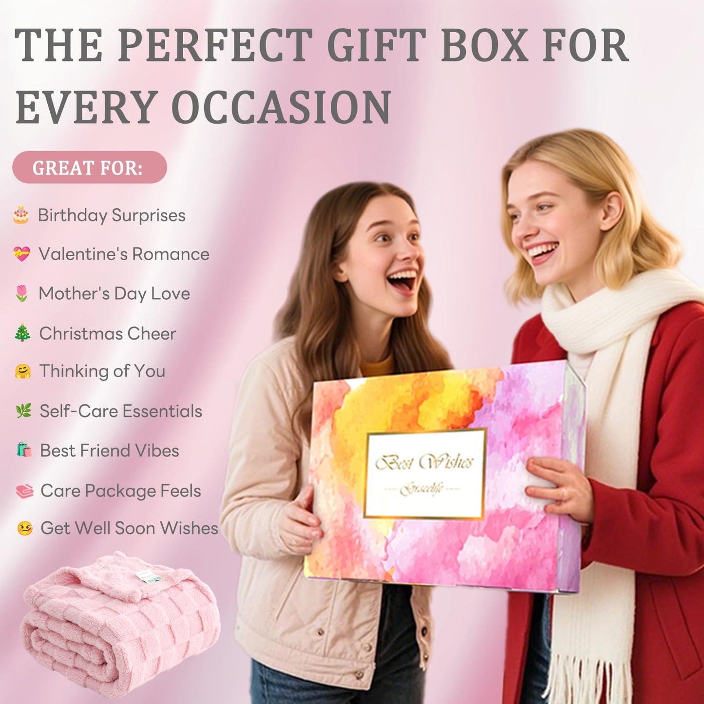 Gracelife Get Well Soon Gifts for Women Hug in a Box Friendship Mothers Day Birthday Thank You Gifts Baskets Birthday Box Sister Friend Female Mom Wife Her Girlfriend Coworker Bestie (Pink)