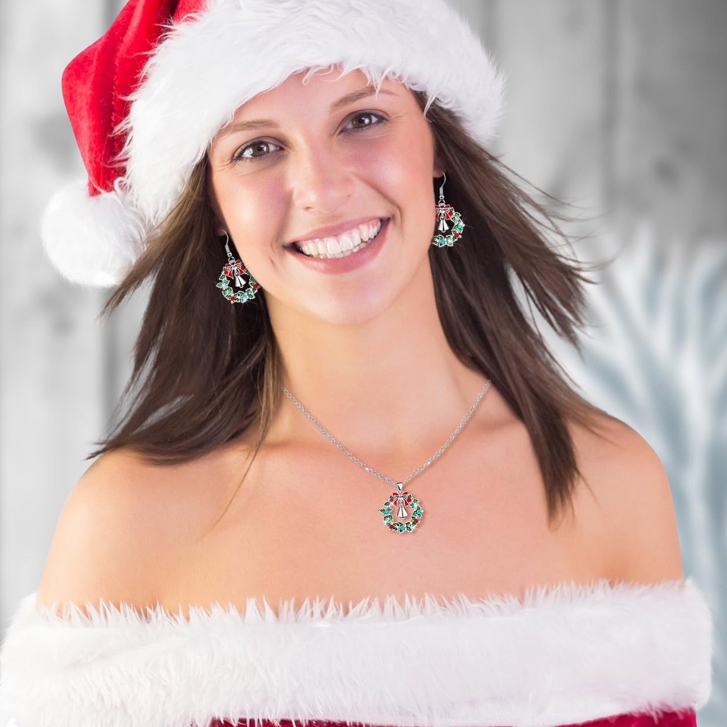 Sasylvia 4 Pieces Christmas Rhinestone Jewelry Set for Women Wreath Bell Dangle Necklace Cuff Bracelet Wreath Hoop Earrings (Silver)