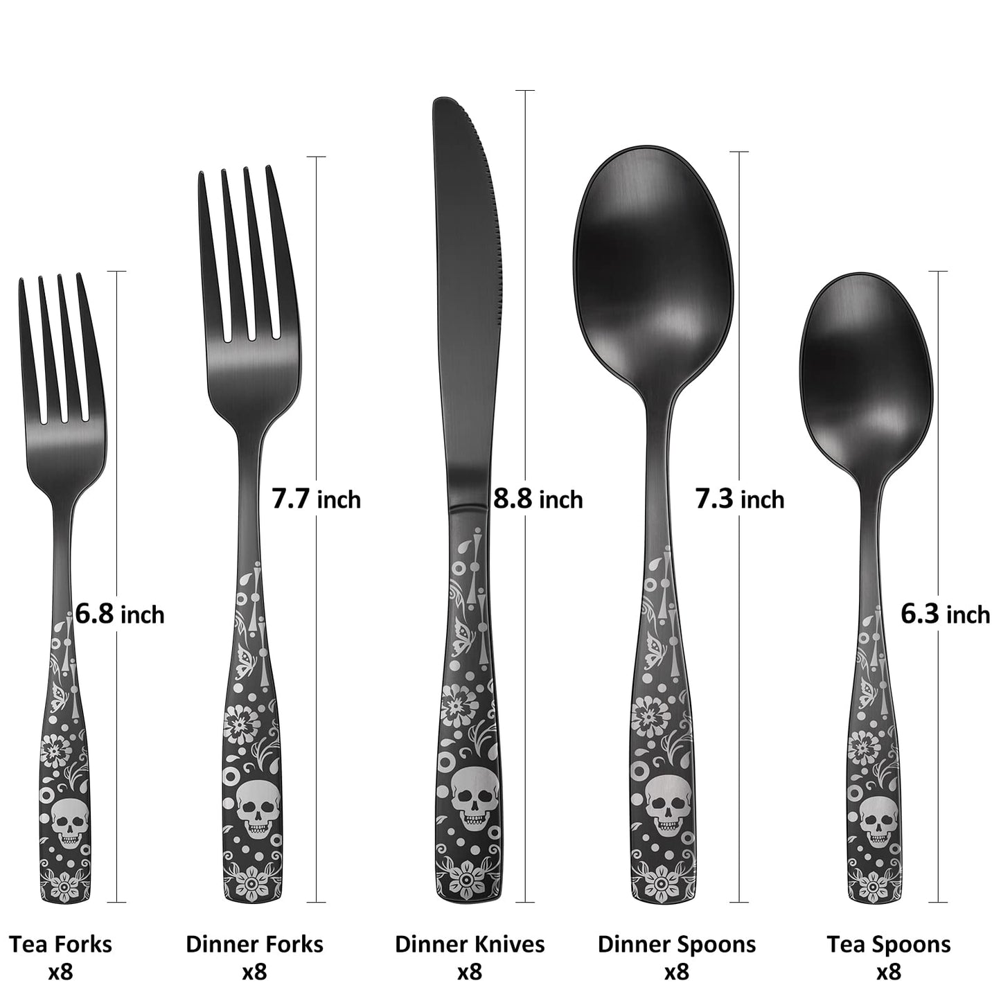 OIULO Pattern Matte Silverware Set for 8,40 Piece Gothic Black Flatware set,Skeleton Flower Bat Unique Pattern Design,Skull Knive Fork Spoon Spooky Utensils Cutlery,Halloween Party Supplies Event Tab