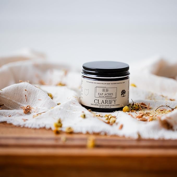 Emulsified Face Sugar Scrub, Organic squalane oil/Castor oil: Chamomile & White Willow Bark, Rhassoul Clay, Kokum Butter, Manuka Honey-Gentle exfoliant: Dry/Sensitive/Acne-Prone (CLARIFY)
