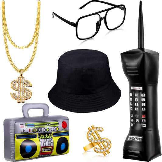 Sumind 6 Pcs 80s 90s Hip Hop Costume Outfit Kit Inflatable Radio Boombox Necklace Ring Sunglasses Hat Rapper Accessories(Black)