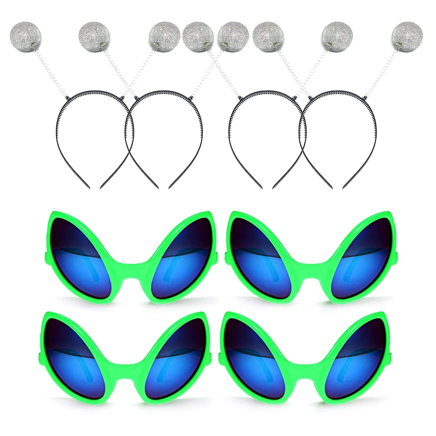 itechpanda 4 Pairs Green Plastic Alien Glasses, 4 Pieces Martian Antenna Headband Boppers Sunglasses Headbands for Fancy Dress Party Halloween Decoration Kids and Adults