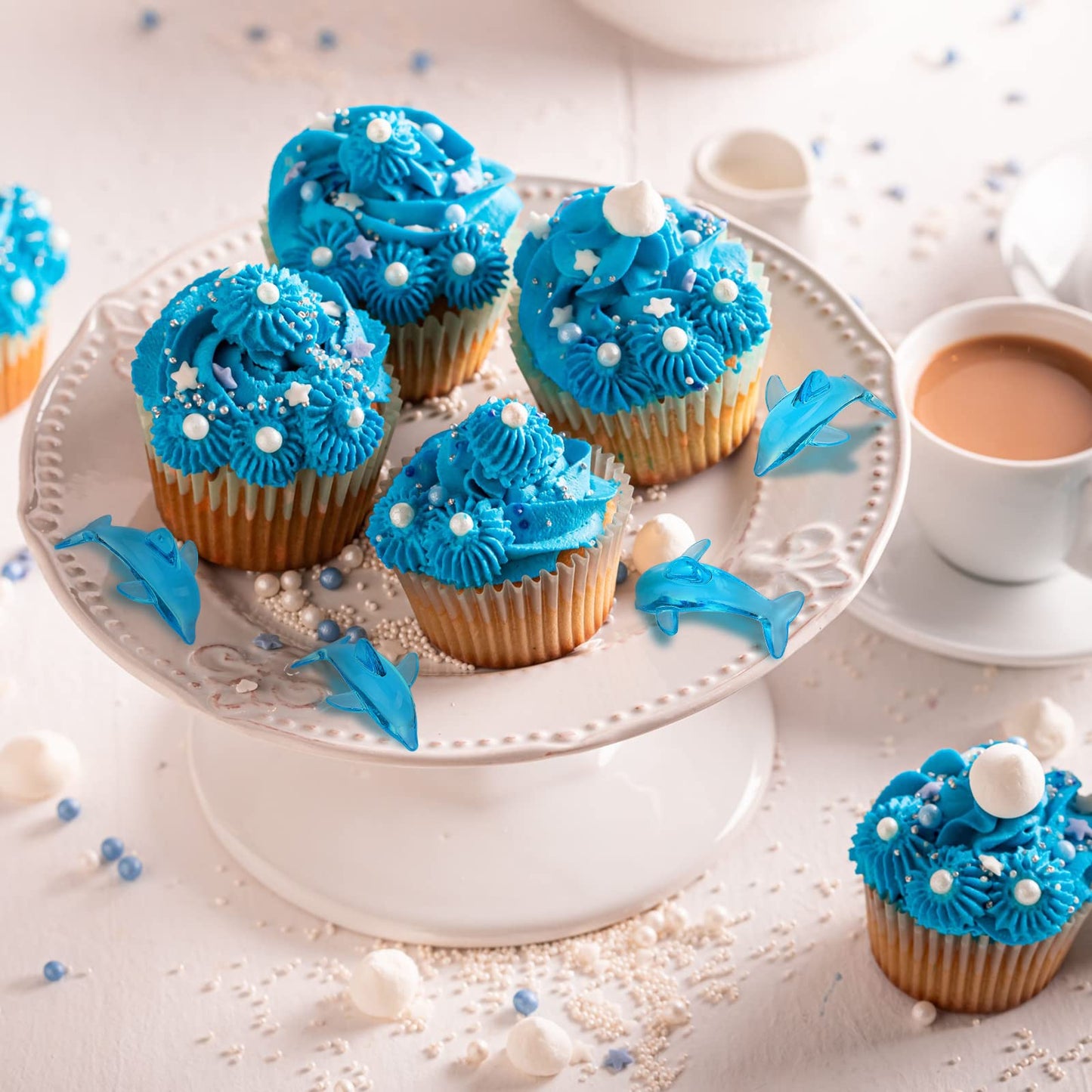 Taiyin 125 Pcs Acrylic Dolphins Cupcake Toppers Blue Dolphin Figurines Birthday Party Decorations Dolphin Cake Topper for Sea Nautical Mermaid Themed Birthday Party Favors Baby Shower Decorations