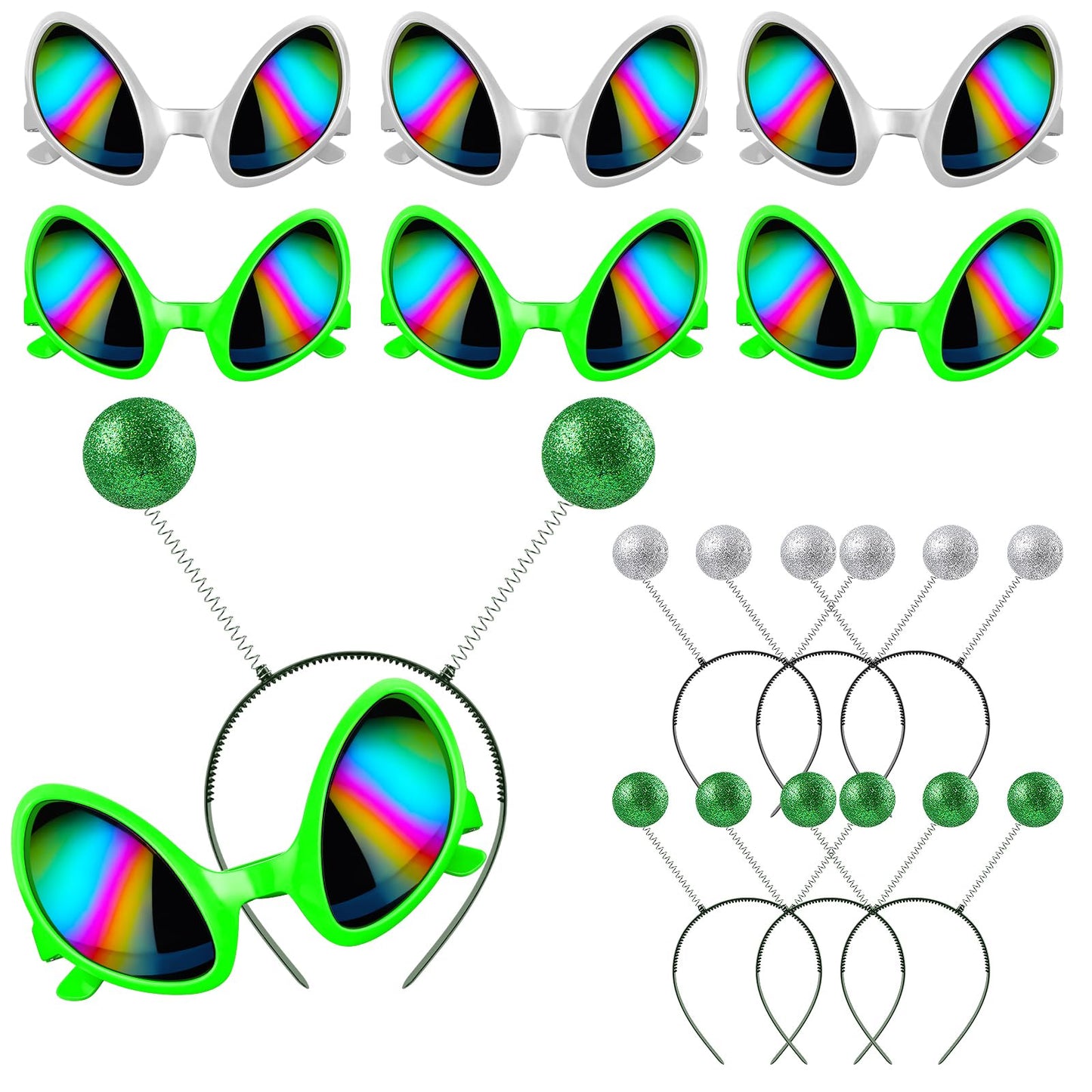 GDZRDFLH 12pcs Alien Headband Glasses and Martian Antenna Halloween Party Accessories Rainbow Lens Sunglasses Antenna Headband Boppers for Halloween Alien Theme Party