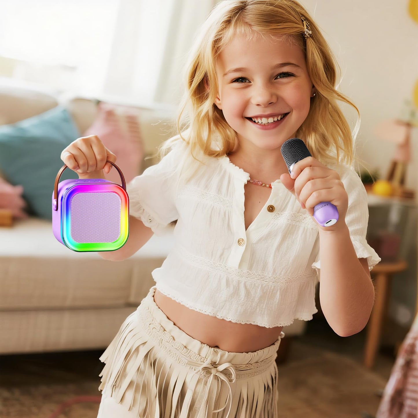 Kinglucky Mini Karaoke Machine for Kids, 2025 TOP Birthday Gifts Ideas for 3-12 Year Old Girls, Christmas Party Gifts Kids' Personal Video Players Accessories with 2 Wireless Microphones - Purple