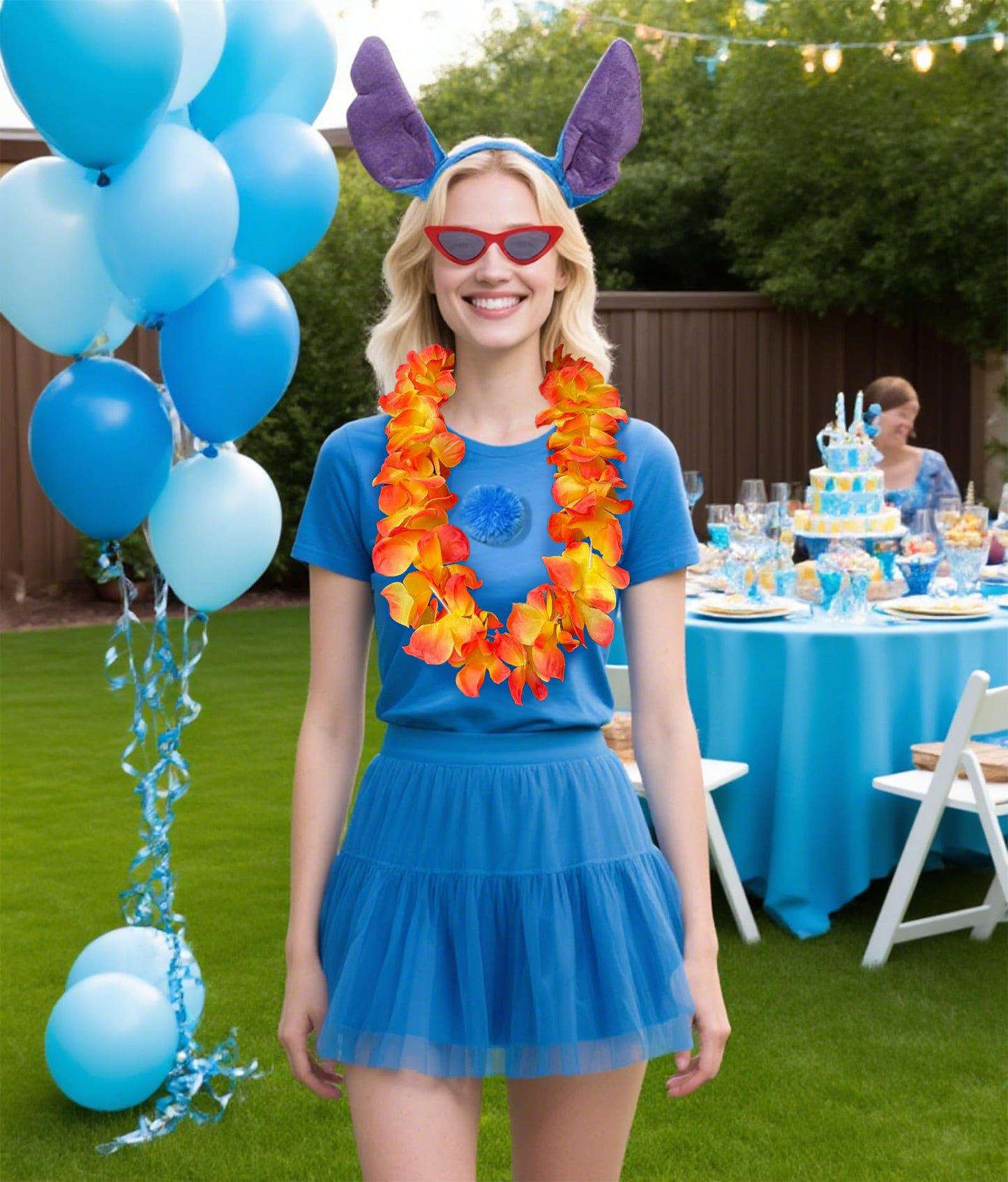 OUHAICUST Unisex Blue Stitch Ears Headband Tail Glasses Hawaiian Lei Costume Accessories Blue Little Monster Kit Halloween Cosplay