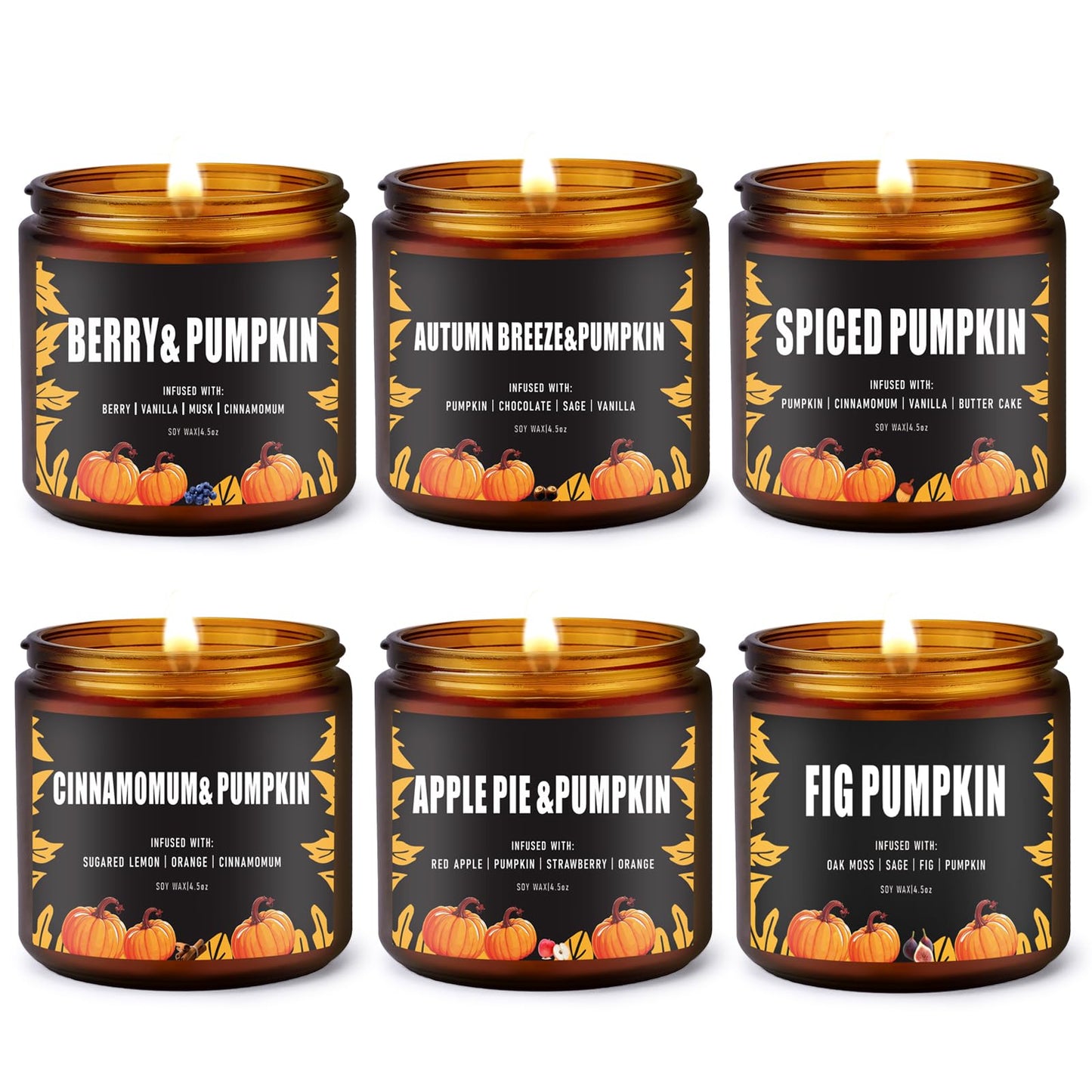Fall Candle Set/6Pack Pumpkin Scented Candles for Home - Candle Gifts for Women Men, Soy Candles | Jar Candle Scents of Berry, Sugared Lemon, Spiced Apple Pie,Autumn’S Breeze,Cinnamon,FIG Pumpkin