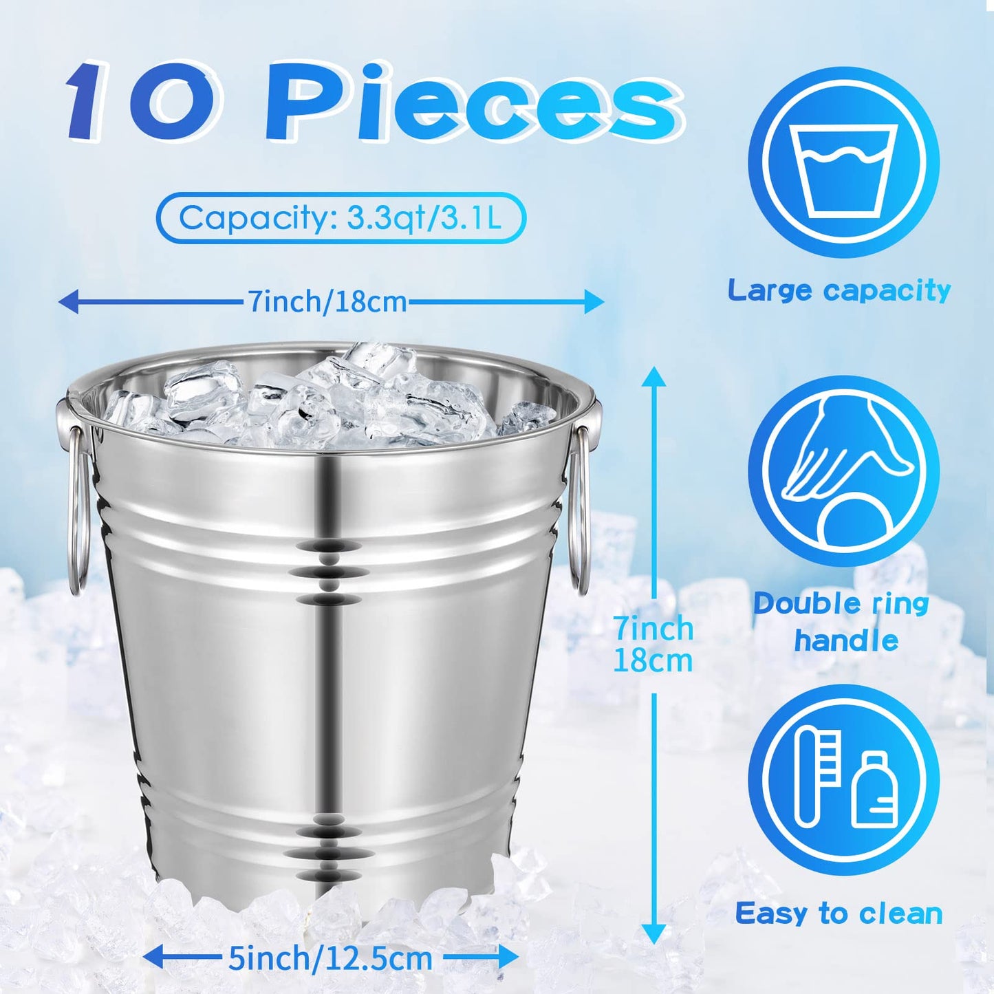 Mumufy 10 Pack Champagne Ice Buckets Stainless Steel Ice Bucket with Handles Party Wine Bucket Beverage Chiller Beer Cooler Bucket for Home Bar Club Party Supplies, 3 L/ 3.3 Qt(Silver)