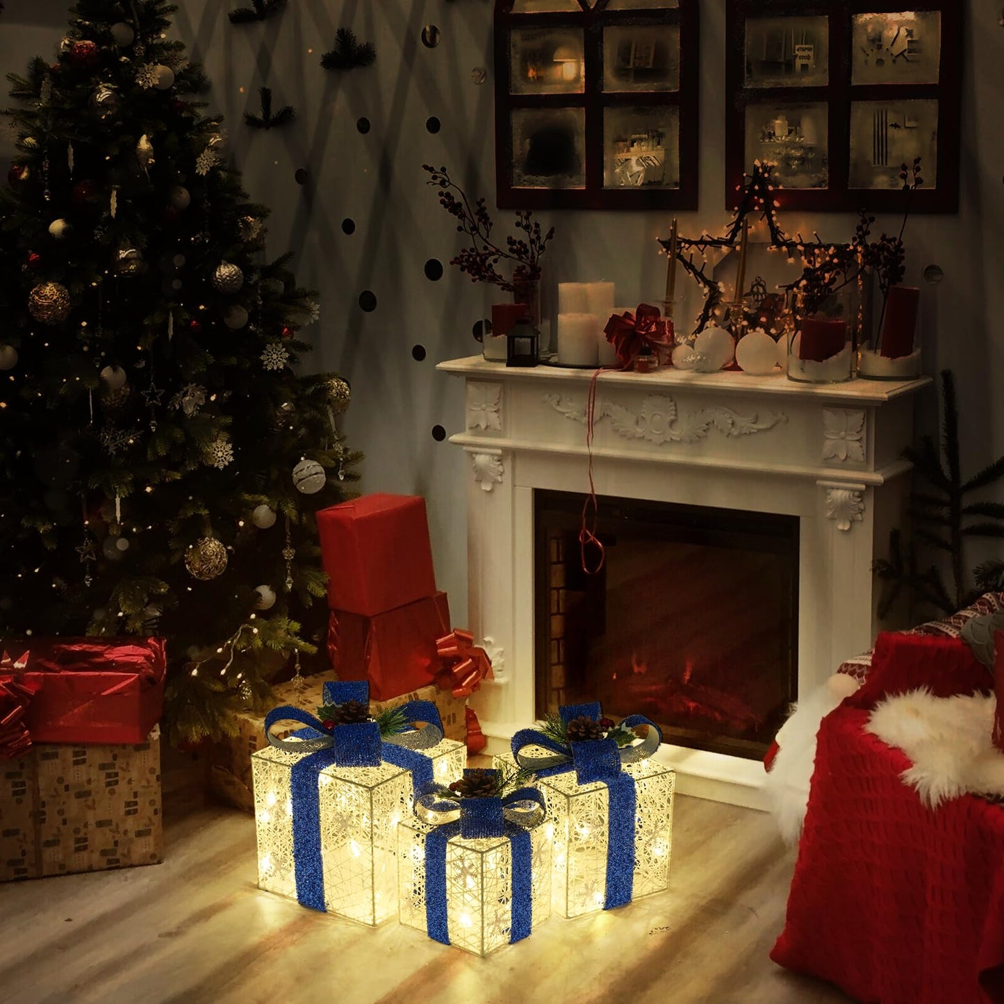 Christmas Decorations, Set of 3 Christmas Lighted Gift Boxes, Battery Operated Xmas Present Boxes, Warm White LED with Bows for Indoor Christmas Tree, Yard, Home Decor （Blue Bow）