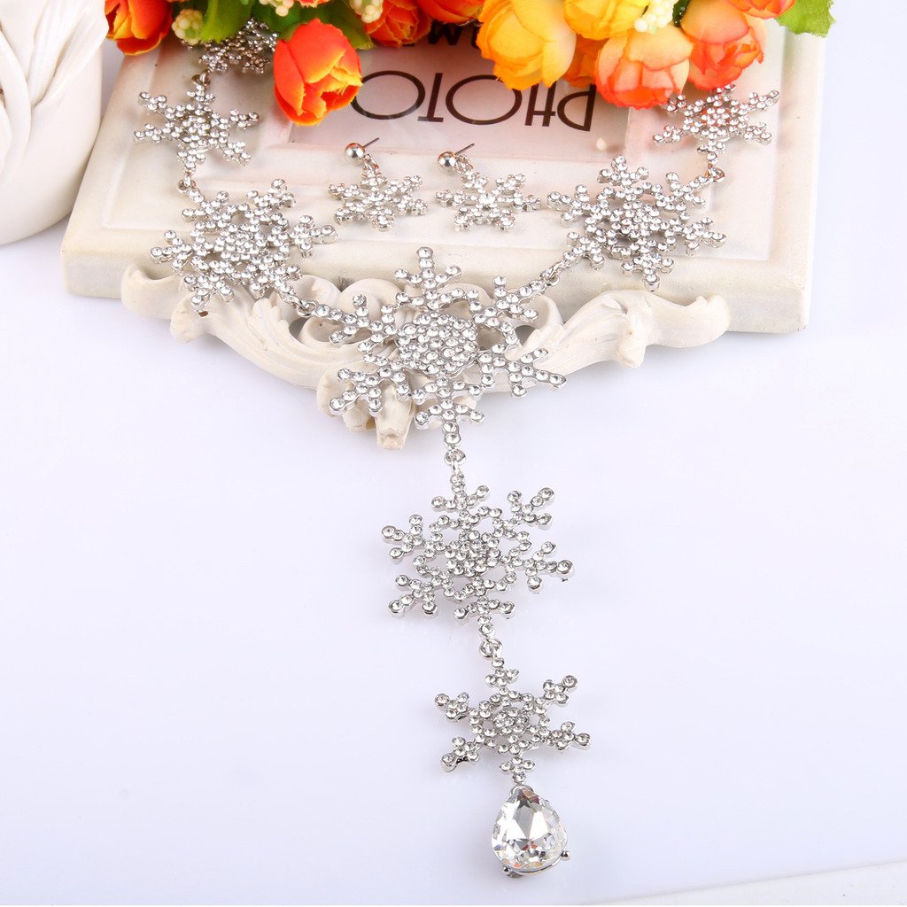 EVER FAITH Austrian Crystal Tear Drop Snowflake Necklace Earrings Set Clear Silver-Tone