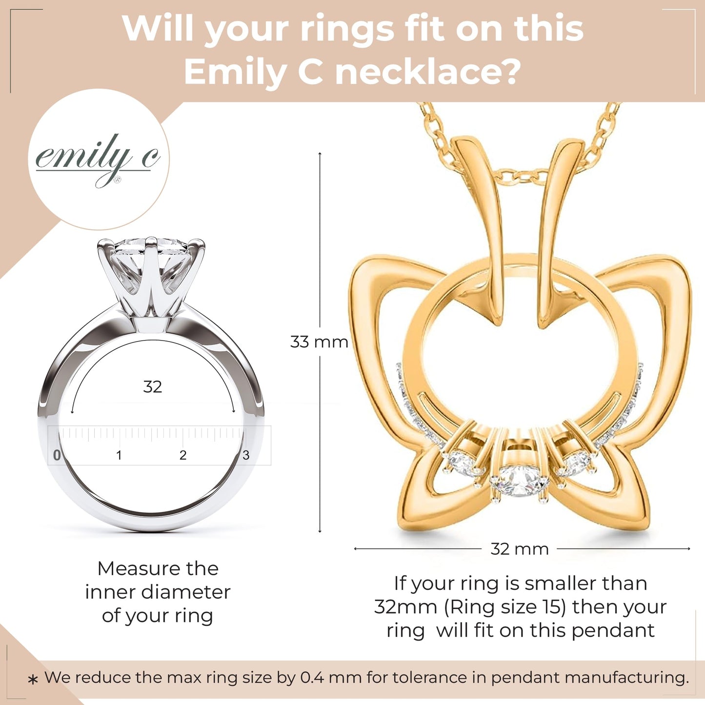 Emily C Ring Holder Necklace - Stainless Steel Necklace with Gold Finish - Engagement Gift for Doctors & Nurses - Gold Jewelry for Mom or Grandmother - Butterfly