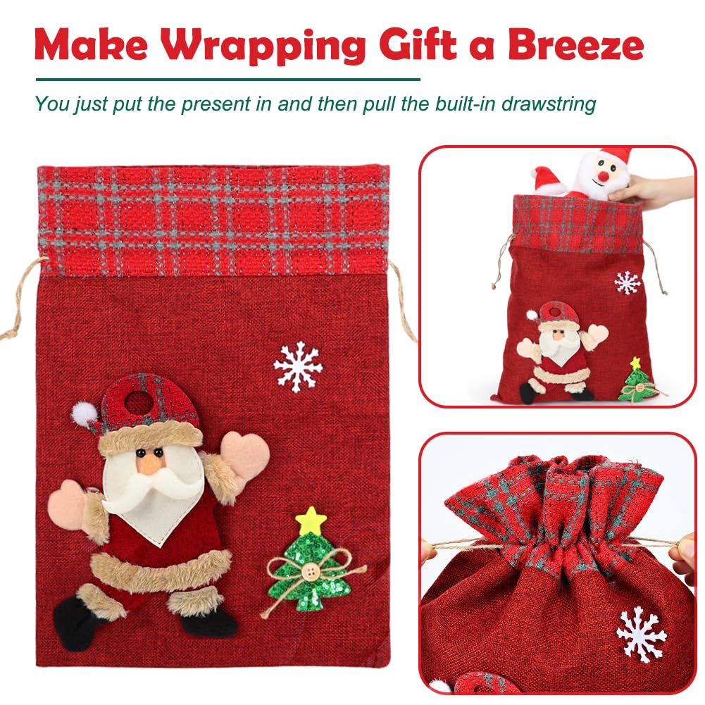 HRX Package 3D Christmas Gift Bags, 16x11 10.5x8 inch Xmas Drawstring Wrapping Bags Pouches for Holiday Goodie, Presents, Stocking Stuffers (5pcs)