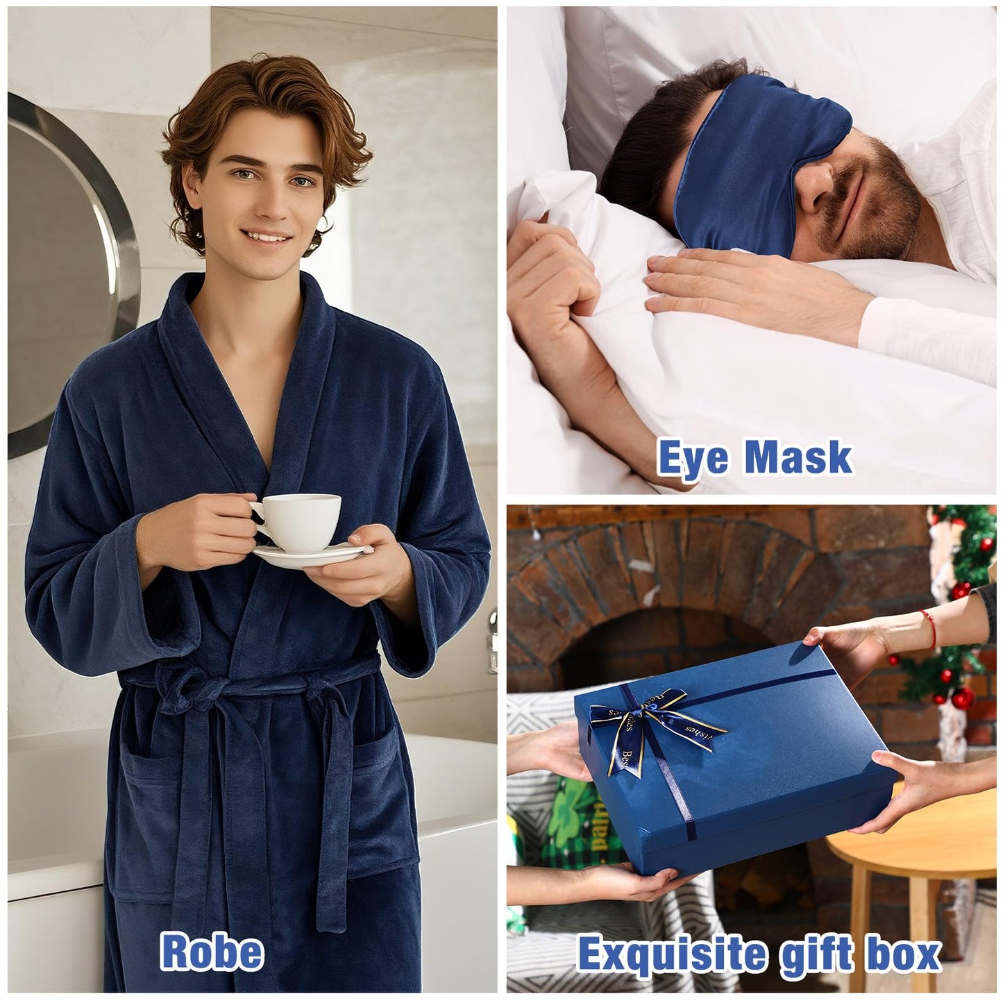 Nuogo 15 Pcs Birthday Gifts for Men Beard Care Set for Him Christmas Gifts Basket Ideas Kit for Men Tumbler Bath Robe for Dad Husband Boyfriend Box Christmas Gifts Baskets(Navy)