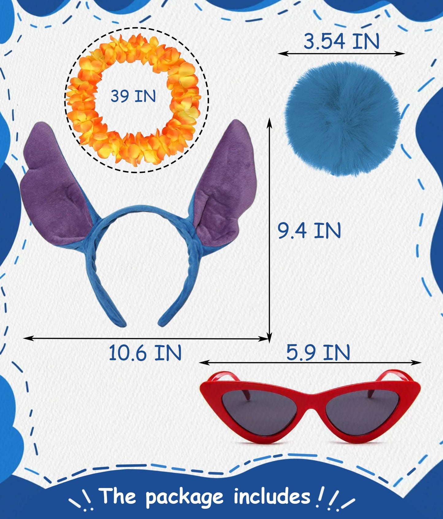 OUHAICUST Unisex Blue Stitch Ears Headband Tail Glasses Hawaiian Lei Costume Accessories Blue Little Monster Kit Halloween Cosplay