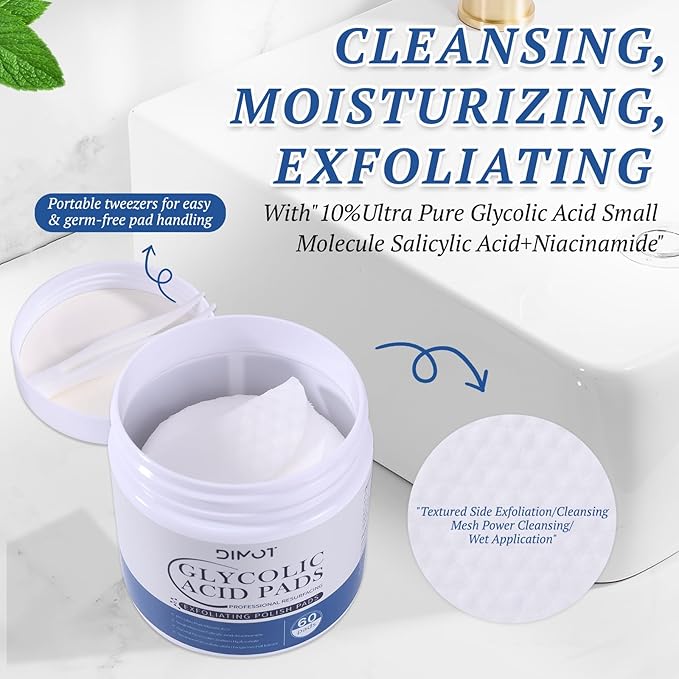 Glycolic Acid Pad, Exfoliating Pads Exfoliating Toner Pads Face Exfoliator Deep Cleaning Effect for Troubled & Breakout-Prone Skin 60 Count