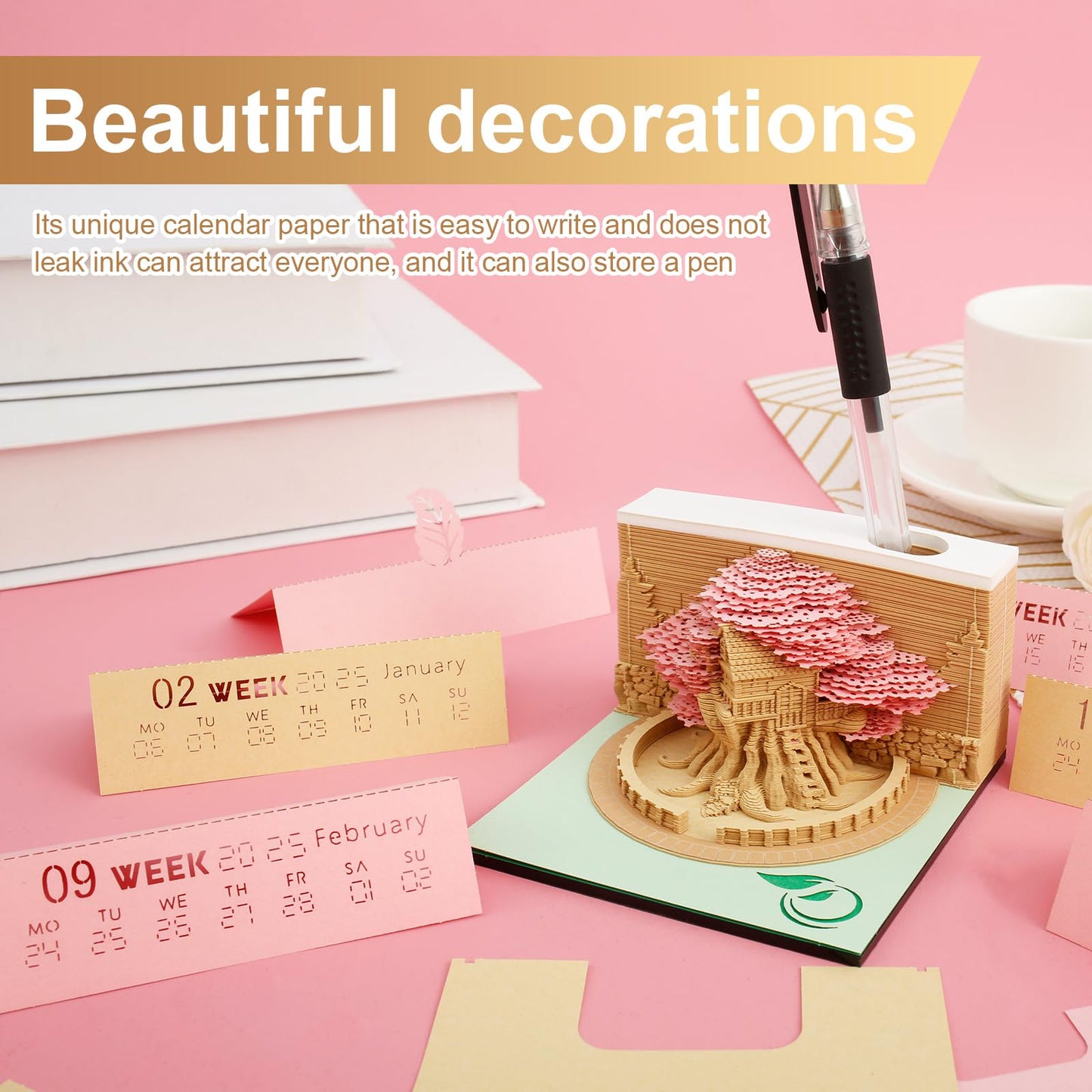 LAINIUTE 3D Art Calendar Memo Pad 2025, Desktop Decor with Light, Time Piece Calendar 2025, Weekly Tearable Paper Sculpture Calendar for Christmas Desktop Decoration (Pink Tree House Ornament)