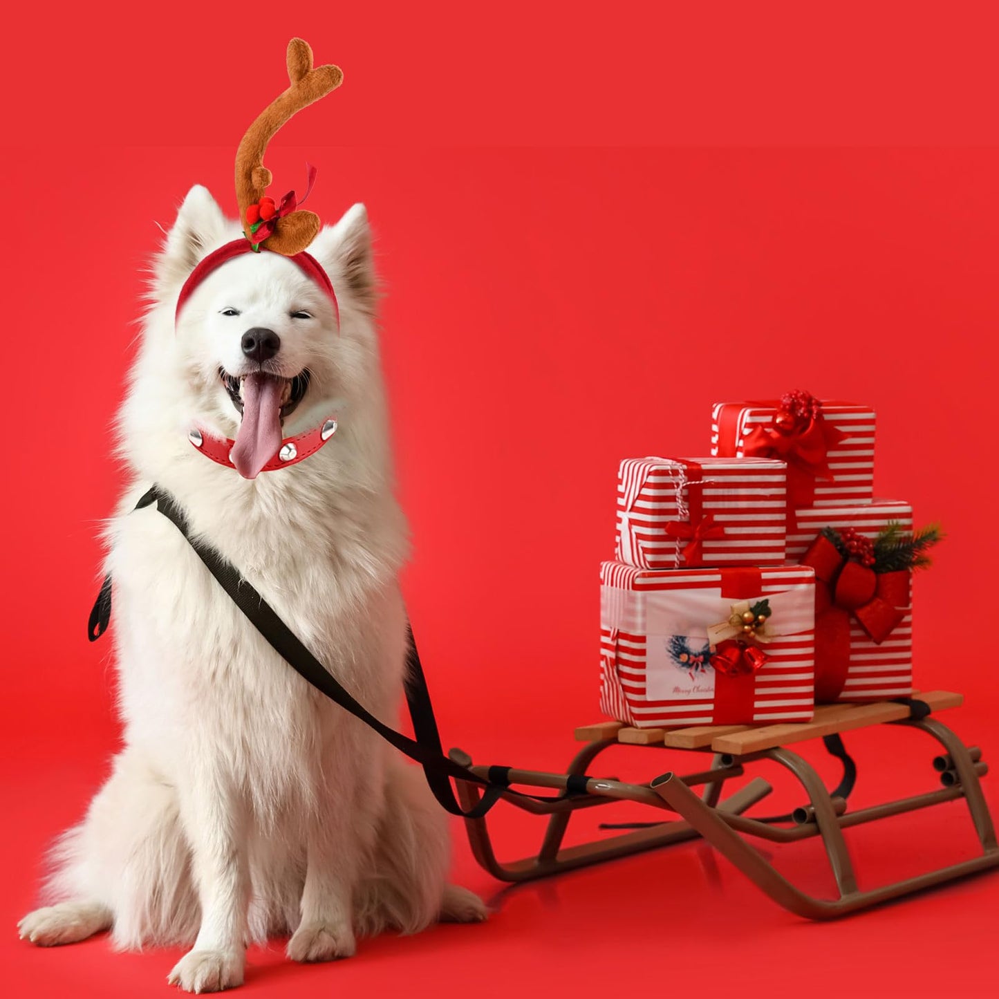 Kavoc Christmas Reindeer Antler Headband with Dog Ears Ajustable Elastic Band Dog CostumeDog Antlers Costume for Medium Dogs Pets Xmas Party Decor