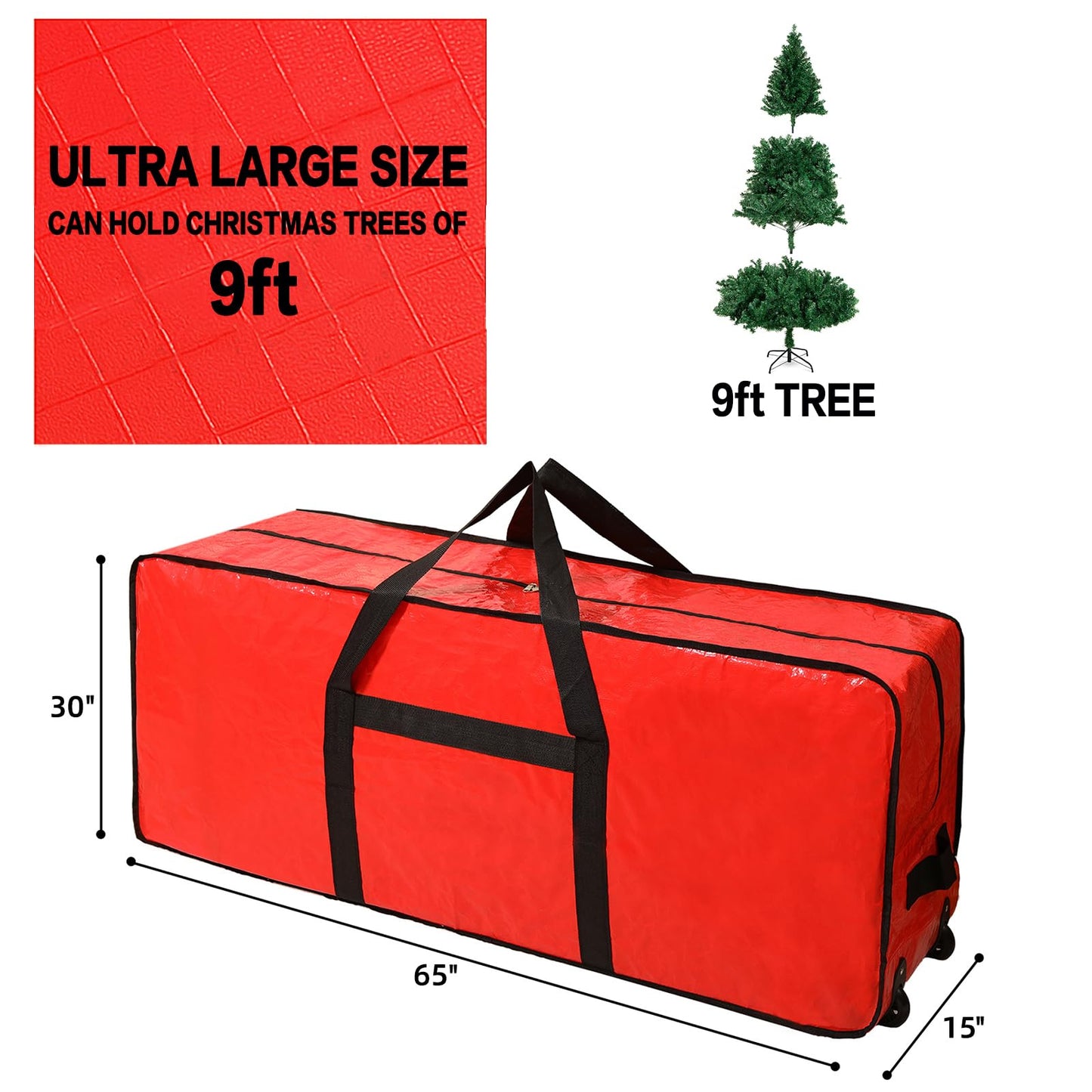 HOMEST Christmas Tree Storage Bag, Fits for 9 ft Xmas Artificials, Zippered Box with Reinforced Carrying Handles and Wheels, Red (Bag Only)