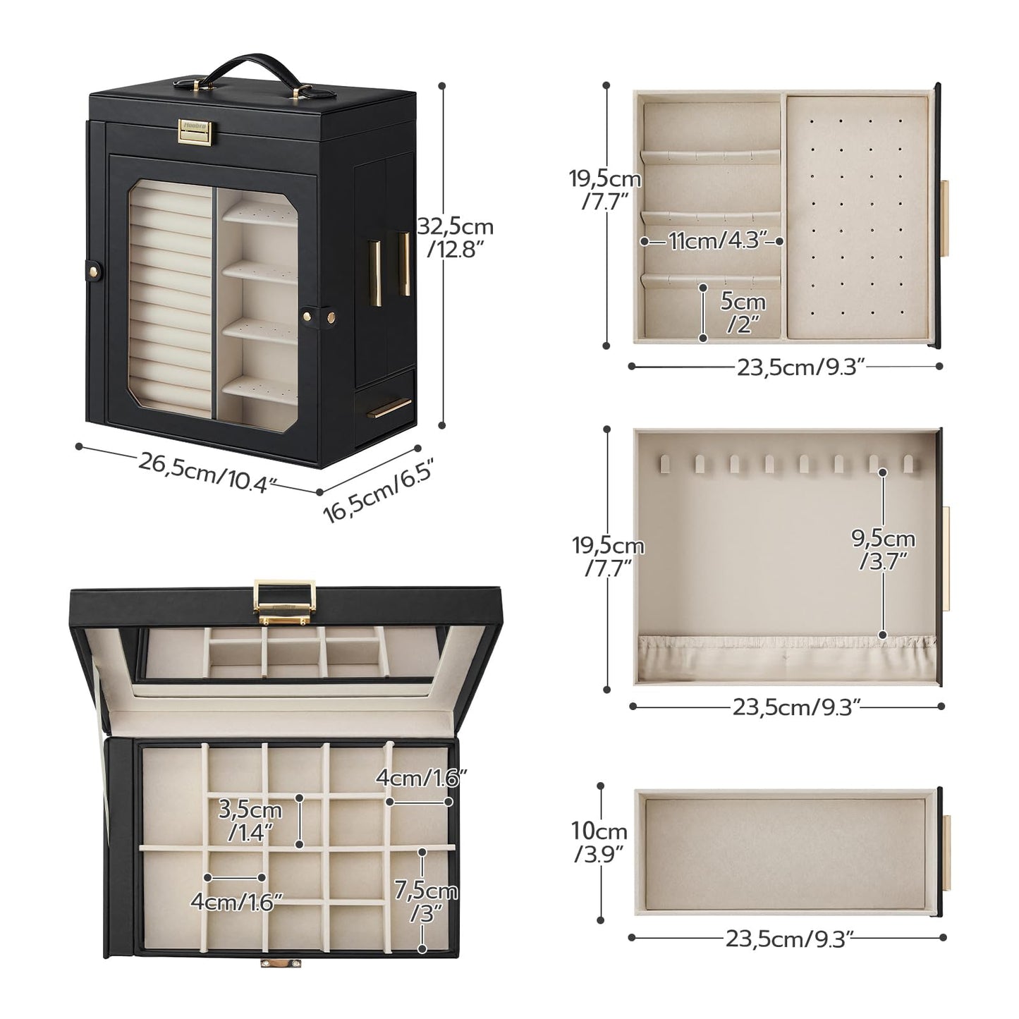 HOOBRO Jewelry Box with Mirror, Travel Jewelry Organizer with Glass Window, Vertical Storage, Christmas Gift, Gift for Loved Ones, for Earrings, Rings, Necklaces, Bracelets, Black BK03JB04G2