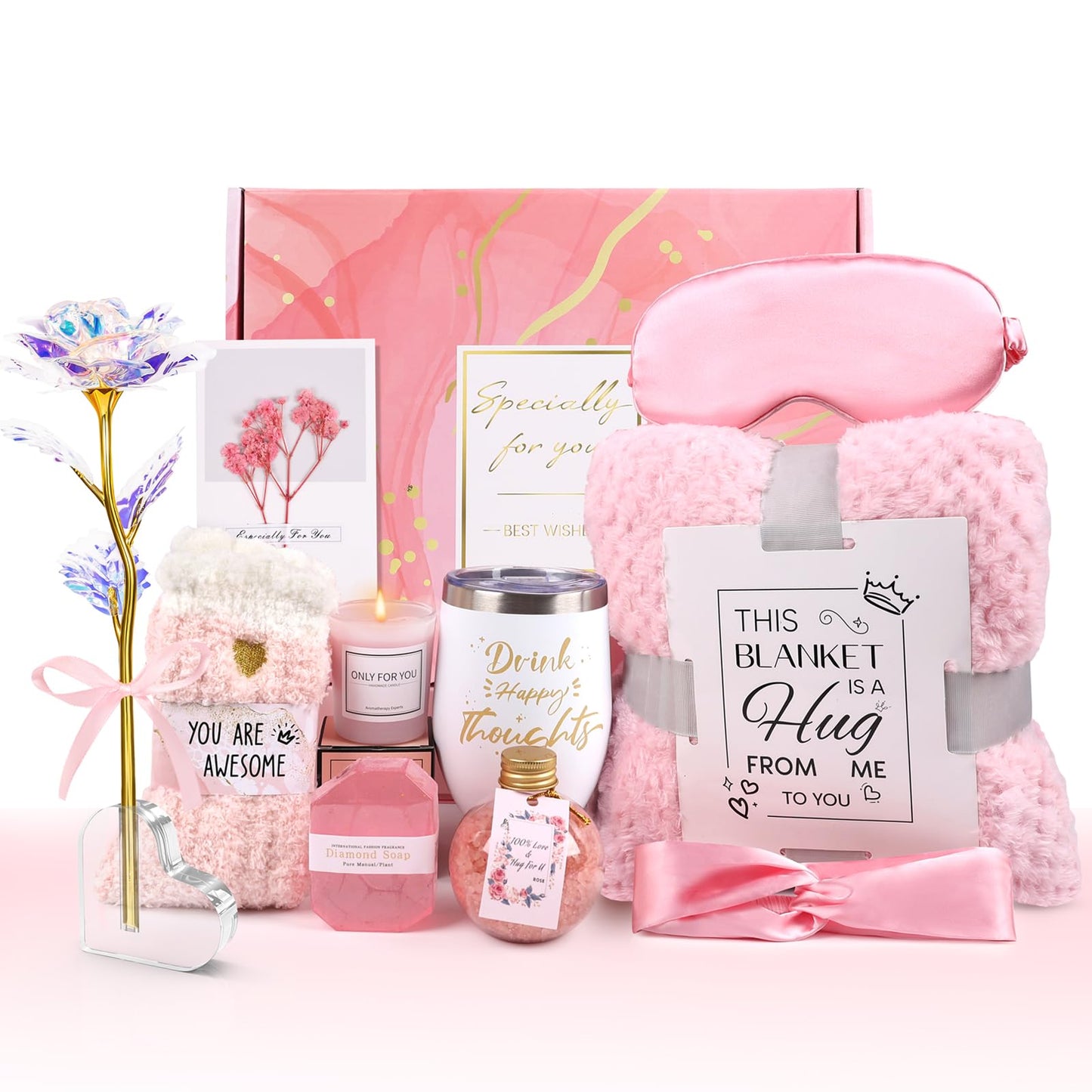 Birthday Gifts for Women Self Care Gifts Get Well Soon Gifts, Rose Relaxing Spa Gifts Basket Care Package, Luxury Flannel Blanket, Unique Mothers Day Idea Gifts for Mom Her Grandma Friend Sister Wife