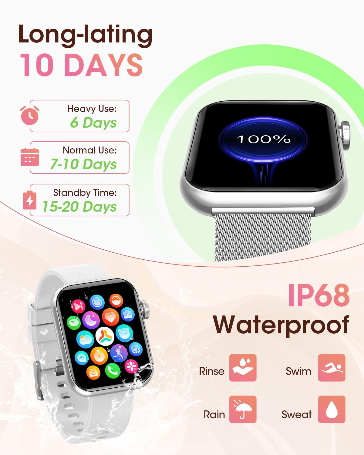 Smart Watches for Women, Health Fitness Watch for Android iPhone, Sleep/Heart Rate/SpO2/Blood Pressure Monitor, 1.85'' Smartwatch for Calls/SMS/Notifications, 100+ Sports Modes, 300+ Dials, 3 Bands