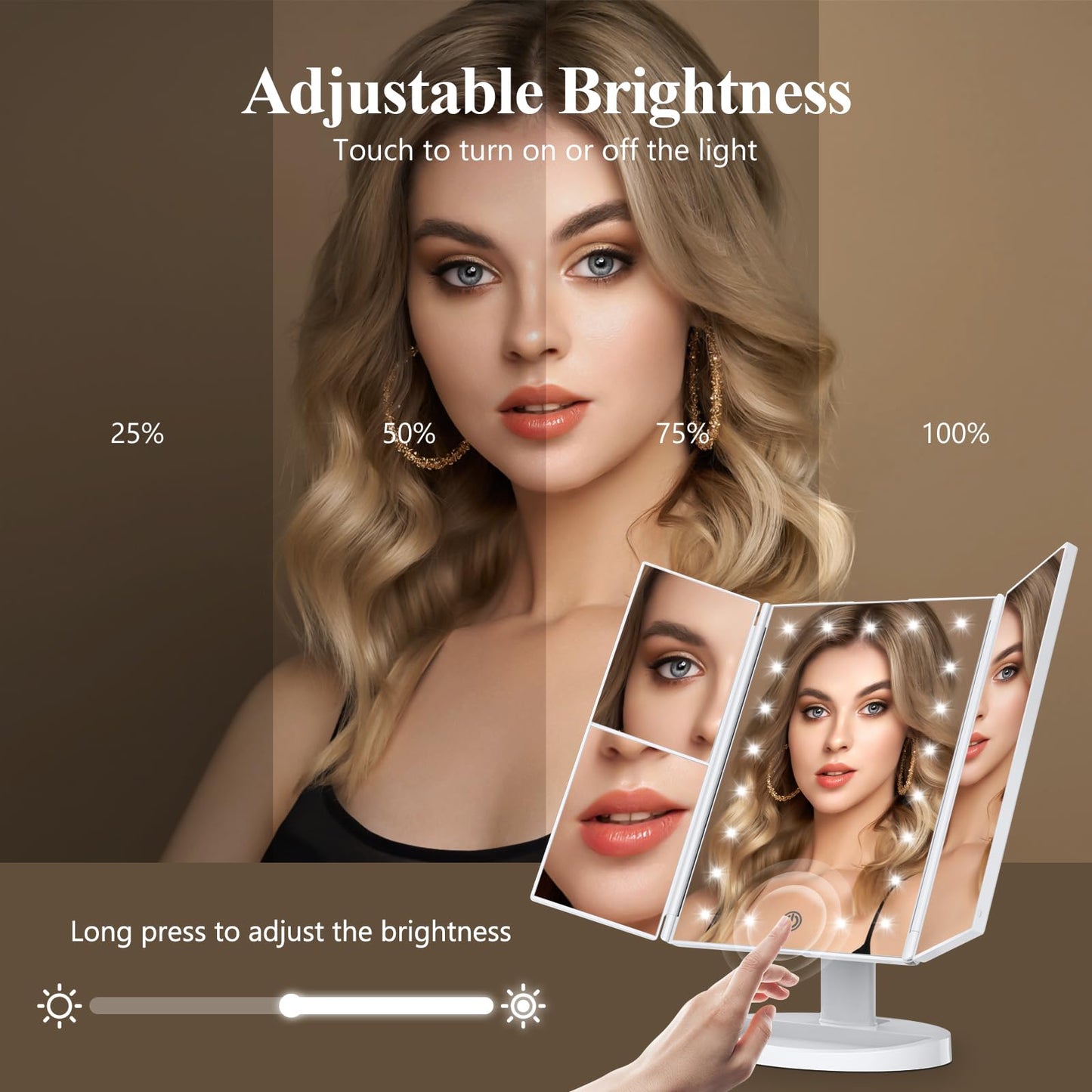 HUONUL Makeup Mirror Vanity Mirror with Lights, 2X, 3X, 10X Magnification, Touch Control, Trifold, White, 9.4" L x 13.4" W, Modern Style, Dresser Mount, Bathroom