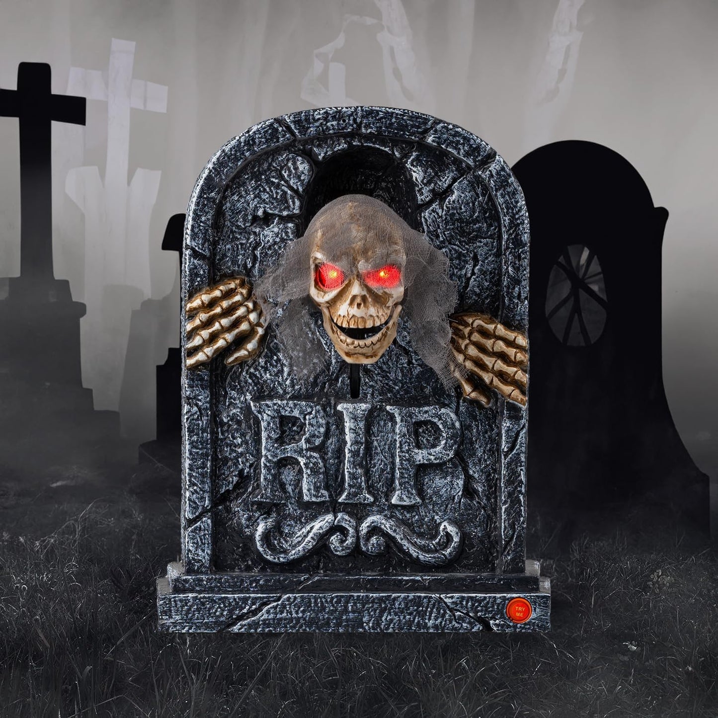 Candieslife Halloween Animatronics Zombie Tombstone - LED Gravestone Decorations with Skeleton Skull, Light Up Eyes, Motion Activated, Creepy Voice, Scary Motion Haunted Horror Prop for Indoor/Outdoor