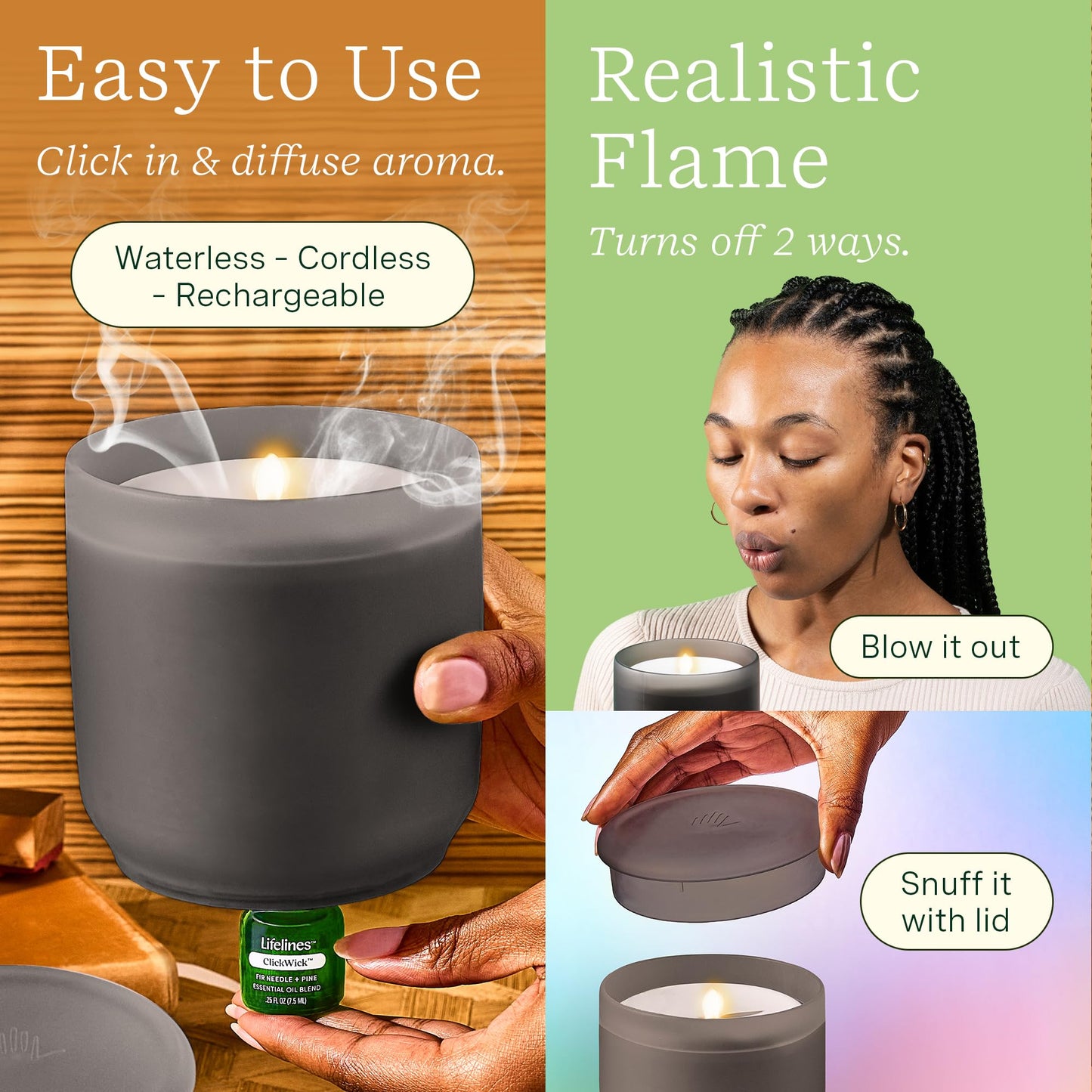 Lifelines Flameless Candle Aromatherapy Essential Oil Diffuser with ClickWick Essential Oil Blend - Cordless & Waterless Diffuser for Home - Scented Electric Candles Blow Out Flame - Frosted Charcoal