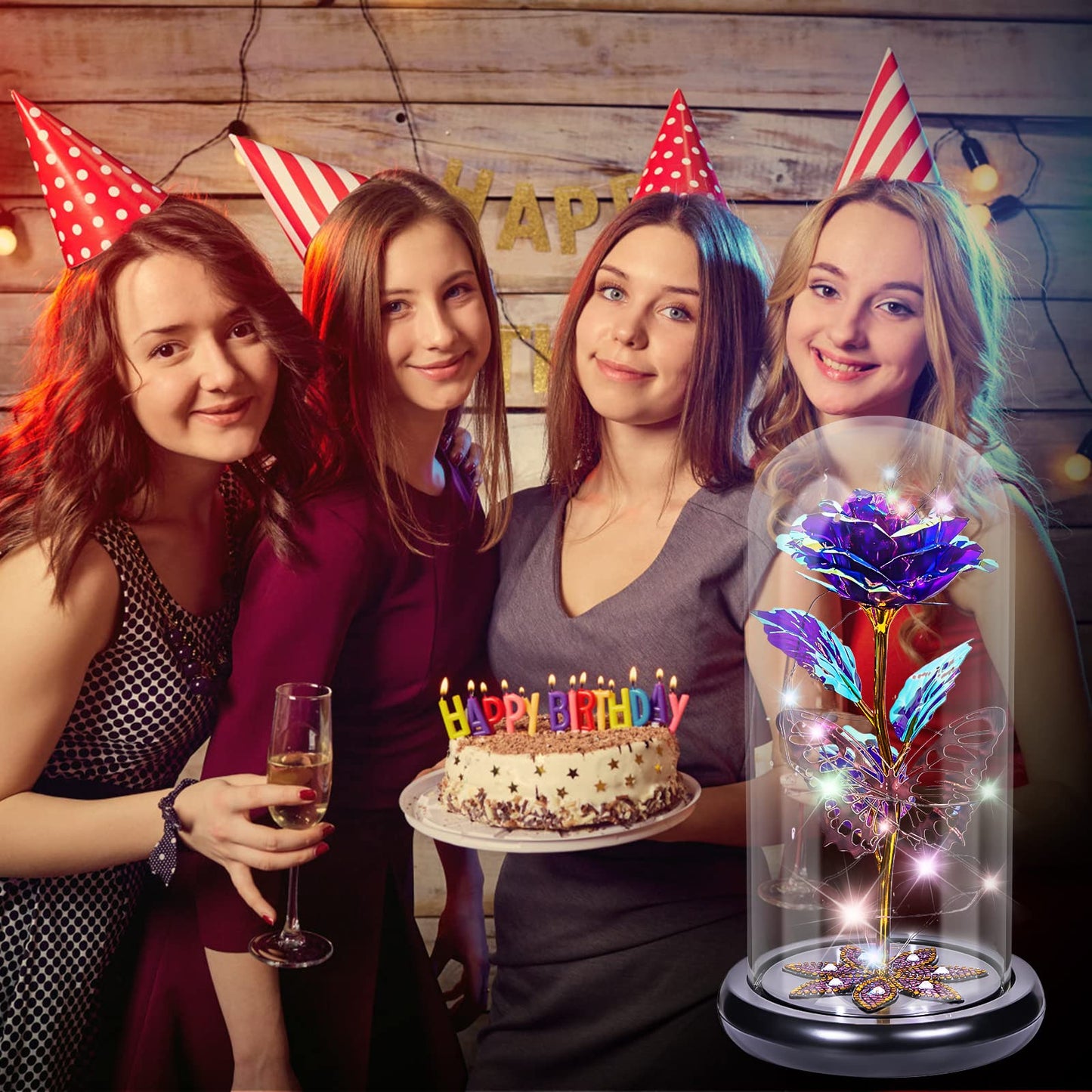 Gifts for Women Mom Birthday Gift, Galaxy Glass Rose Flower Gifts Forever Eternal Crystal Light Up Rose in Glass Dome with Butterfly Mothers Day for Her Mom Wife Daughter Sister Purple