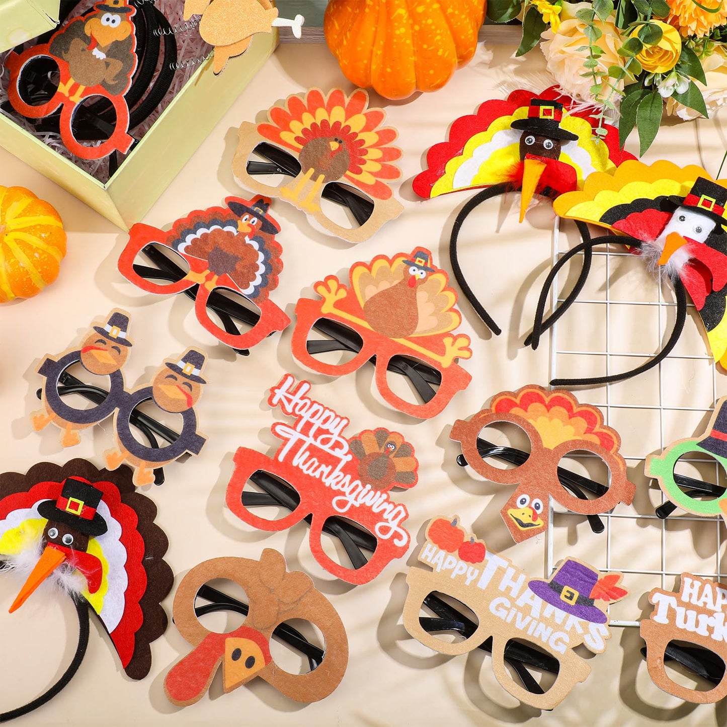 Hotop 24 Pcs Thanksgiving Turkey Headbands and Turkey Glasses Soft Felt Cloth Material Holiday Glasses and Headwears for Thanksgiving Autumn Party Favors