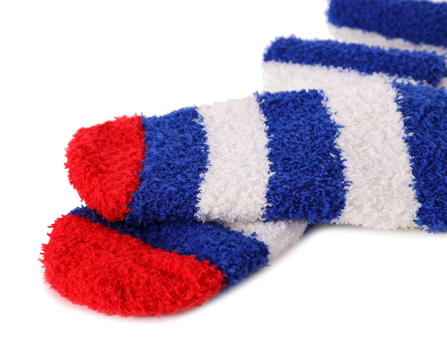 MOGGEI Womens Thigh High Fuzzy Socks Over Knee High Striped Stocking Stuffers Fluffy Cozy Slipper Fleece Gift Socks 2 Pairs (Blue & White Striped)