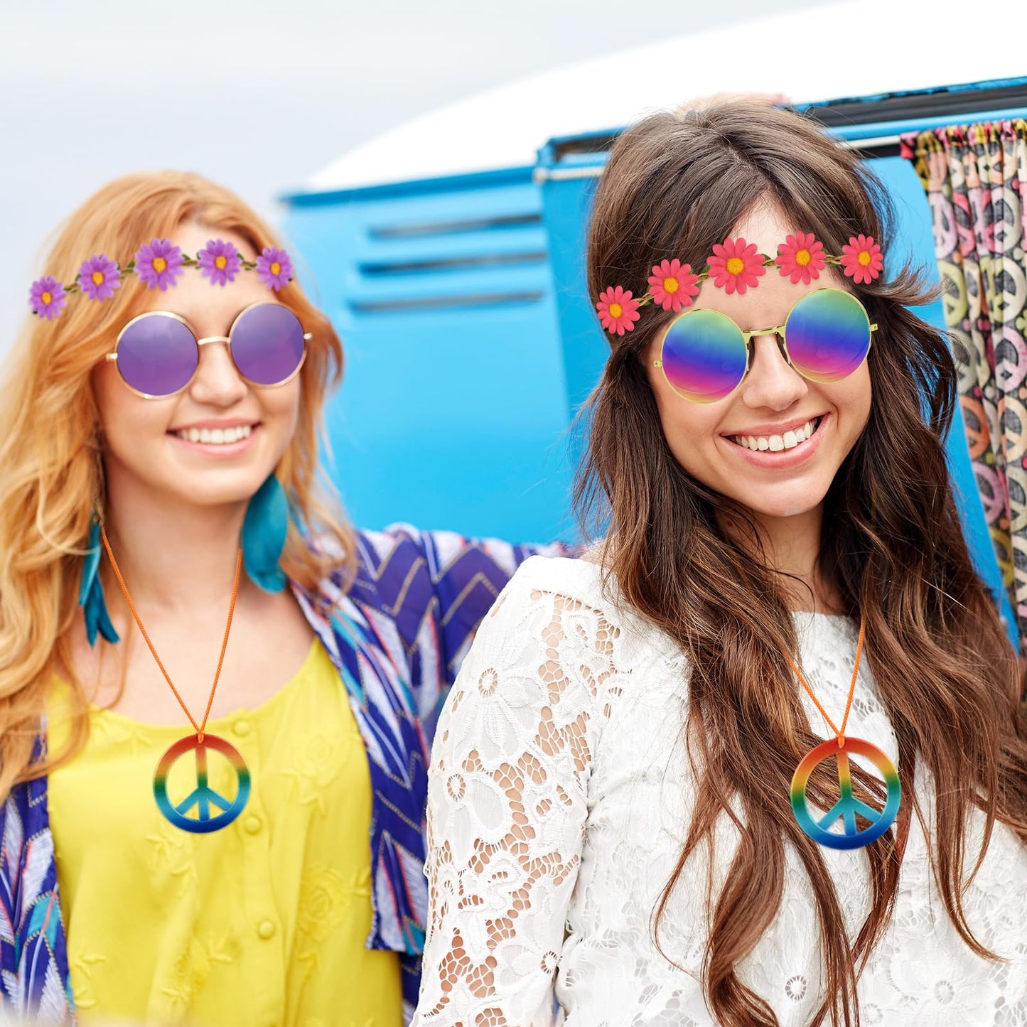 NEBURORA 60 Pieces Hippie Costume Accessory Set Multicolor Sunglasses Daisy Flower Headband Rainbow Peace Sign Necklaces for Hippie Party Supplies