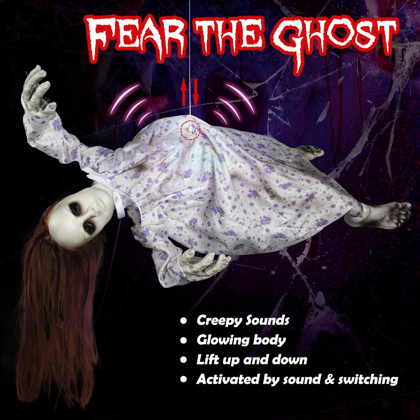DECORLIFE 29" Halloween Animatronics, Hanging Ghost Girl with Sound Sensor and Glowing Body, Animated Haloween Decorations for Yard Lawn Garden Haunted House Scary Halloween Props