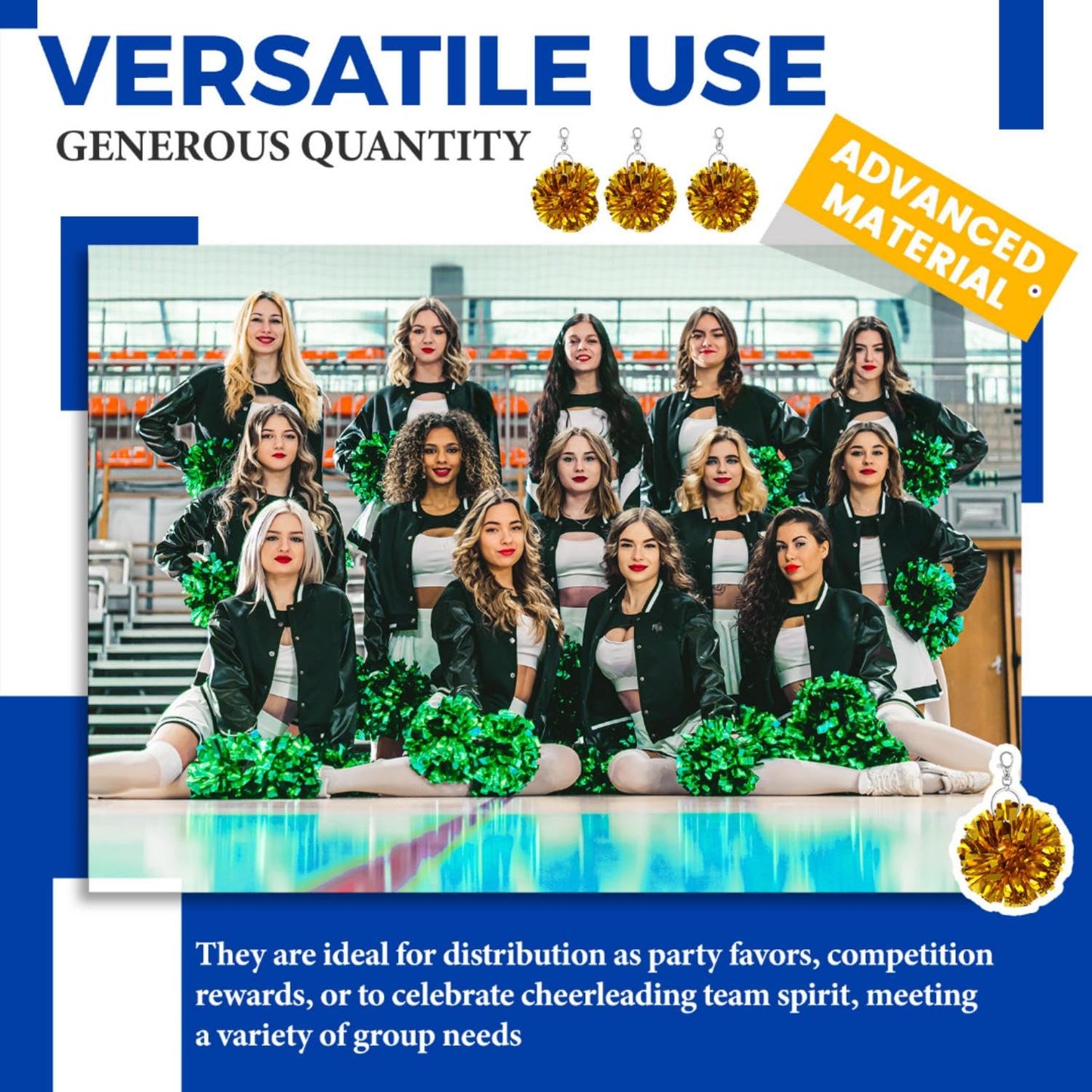 Remuuly 20 Pcs Cheer Pom Pom Keychain Cheerleader Gifts Cheerleading Keyring Charm Foil with Keychain Hooks for Women Accessories (Dark Gold)