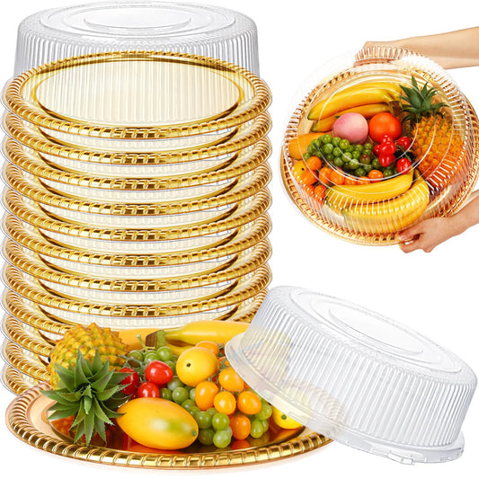 Nitial 12 Pcs Plastic Serving Tray with Lid Heavy Duty Elegant Platters Gold Catering Trays Round Stackable Disposable Containers with Clear Lids for Party Fruit Cake Sandwich Takeout Food (12 Inches)