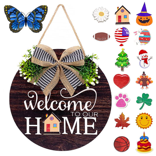 Interchangeable Seasonal Welcome Sign Front Door Decorations, Round Wood Wreath for Outdoor, Farmhouse, Porch Perfect for New Home Housewarming Gift, Valentine's, Easter, Christmas Home Decor