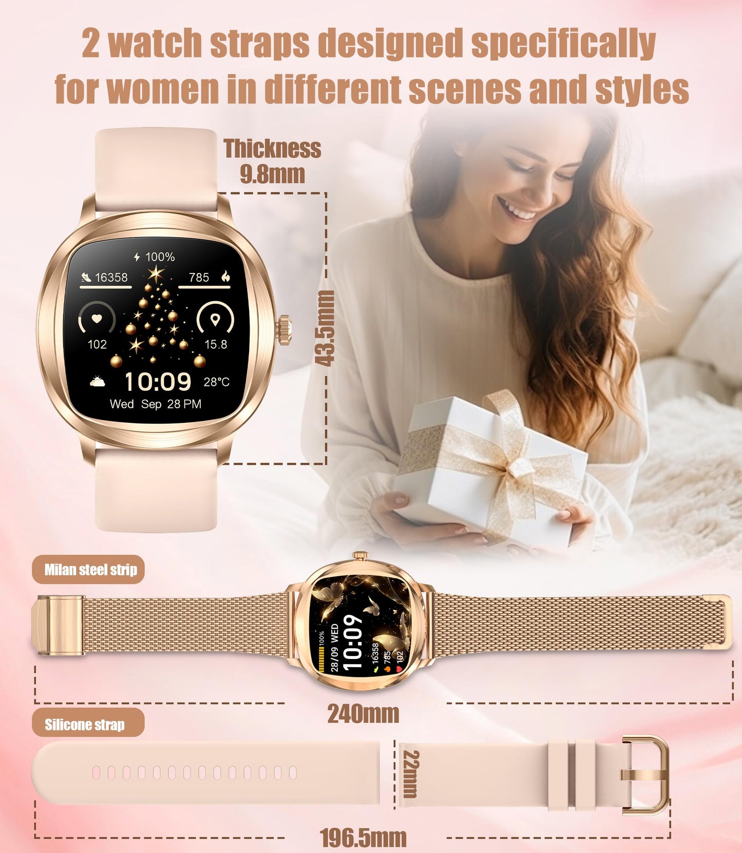 GLPYR Women's 2pc Band Sports Watch/Smart Watch 1.72" Fitness Tracker with Heart Rate Monitor, 100+ Sports Modes, Sleep Tracking, 7-Day Battery, IP68 Waterproof (Gold)