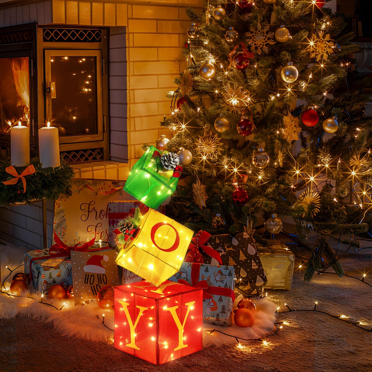 COVFEVER Christmas Joy Lighted Gift Boxes Decorations Set of 3, 2.8Ft Stackable Christmas Nesting Boxes Battery Operated for Home and Party Decoration