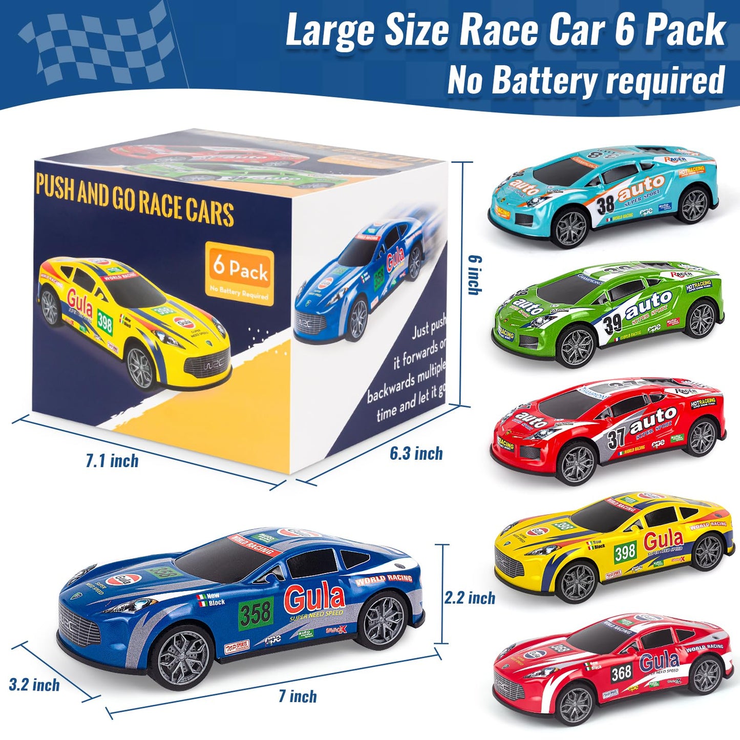 Race Toy Cars for Toddler Boys Girls 7 Inch Friction Powered Trucks for Kids Ages 3 4 5 6 7 8 Years Old Stocking Stuffers for Kids - 6Pack