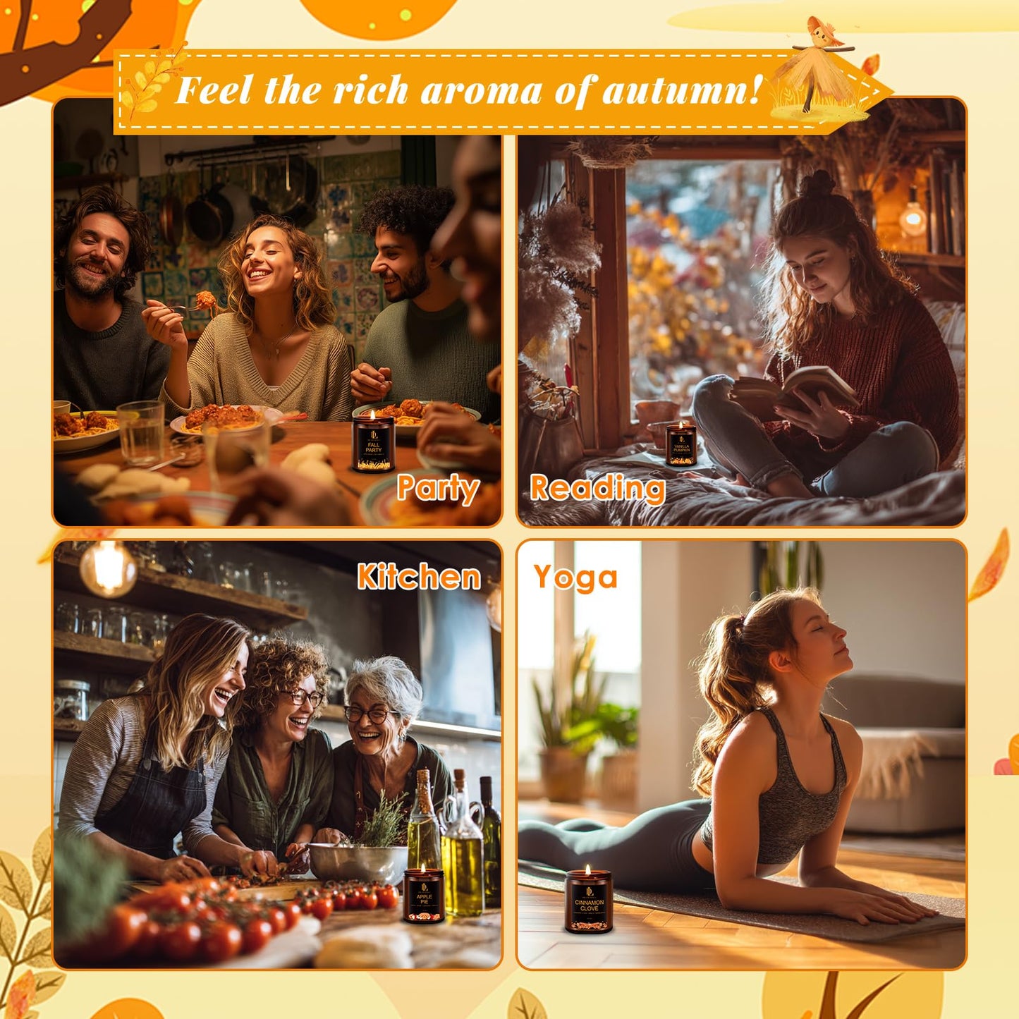 Fall Candle Set, Fall Scented Candles for Home, 4 Pack Soy Candle Set, Autumn Gifts for Women Men, Autumn Scents of Vanilla Pumpkin/Cinnamon Clove/Apple Pie/Fall Party