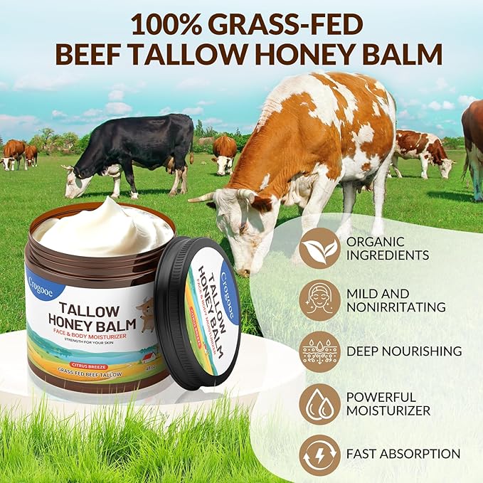 Beef Talow for Skin -100% Grass Fed - Whipped Tallow and Honey Balm for Face & Body Moisturizer -Natural Formula for Dry,Sensitive Skin,Eczema- 4 oz (Citrus Breeze)