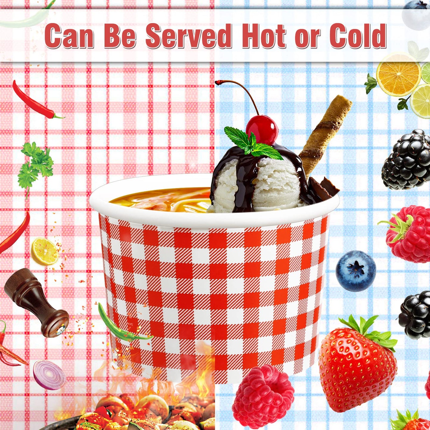 Tessco 100 Pack 12oz Ice Cream Cups Gingham Snack Bowls Party Supplies Gingham Bowls for Hot Soup Snacks Fruits(Red)