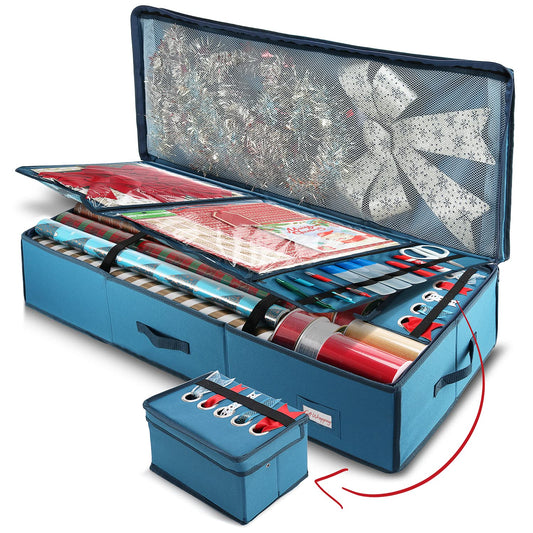 Hearth & Harbor Wrapping Paper Storage Container - Christmas Storage Bag with Ribbon Dispenser and Interior Pockets - Gift Wrap Organizer Fits Up to 26 Rolls of 40" Length, Blue