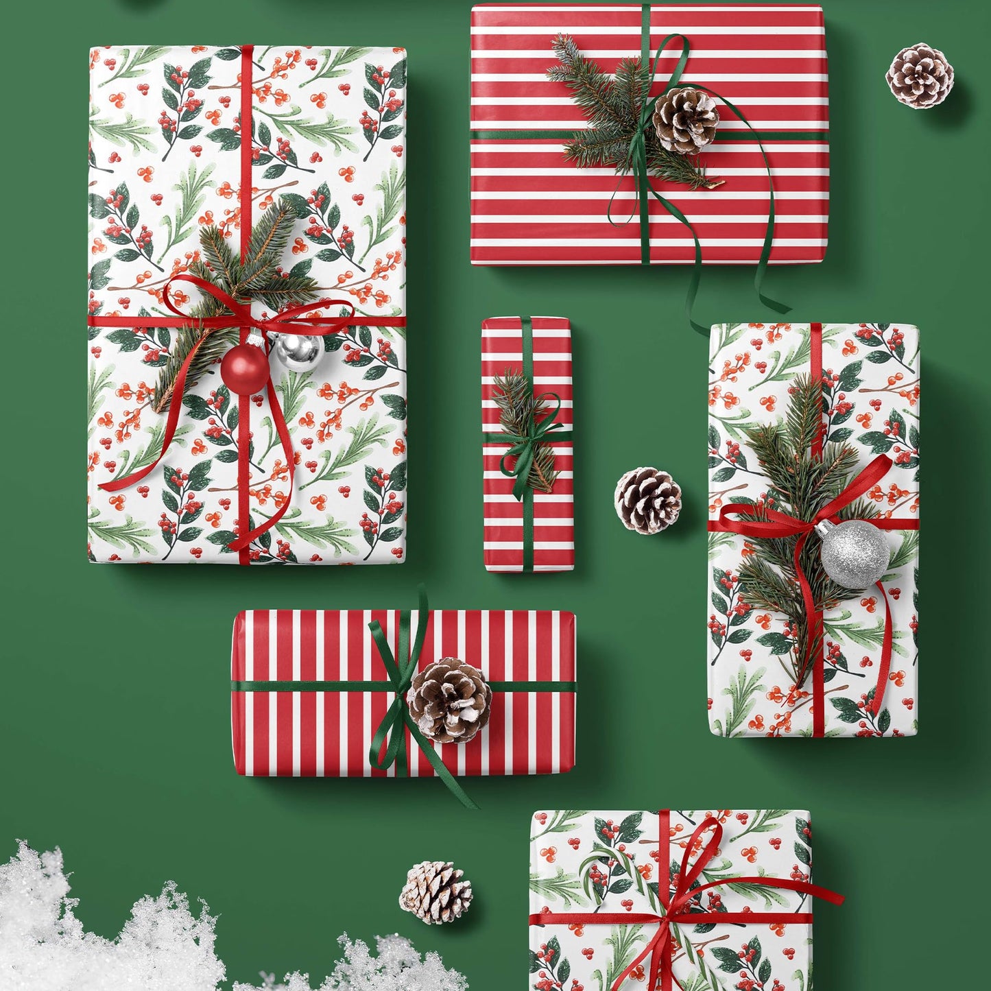 LaRibbons Reversible Christmas Wrapping Paper Jumbo Roll, Vintage Red Berries & Red Candy Cane Stripe Gift Wrap for Christmas, Season Party, Xmas, 30 Inch × 33 Feet