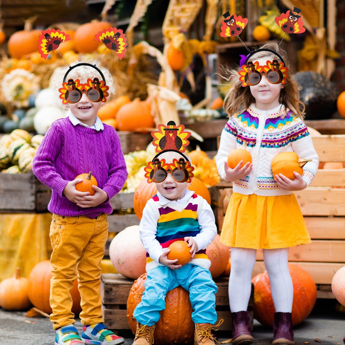 Jovlirz Thanksgiving Turkey Headbands Sunglasses, 3PCS Thanksgiving Glasses Frame & 3PCS Thanksgiving Turkey Head Wear Boppers for Thanksgiving Day Party Favor Costumes Props Fall Theme Party