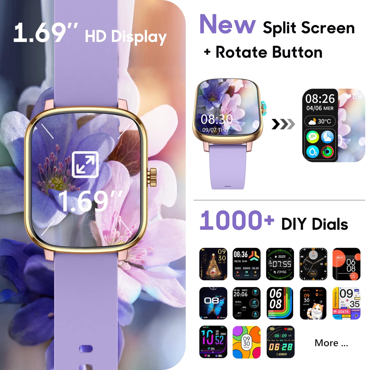 Popglory Smart Watch, 1.69'' Fitness Watch Women Men with Heart Rate, Blood Pressure, Blood Oxygen & Sleep Monitor, 110 Sports Modes Fitness Tracker, Waterproof Pedometer Compatible Android iPhone