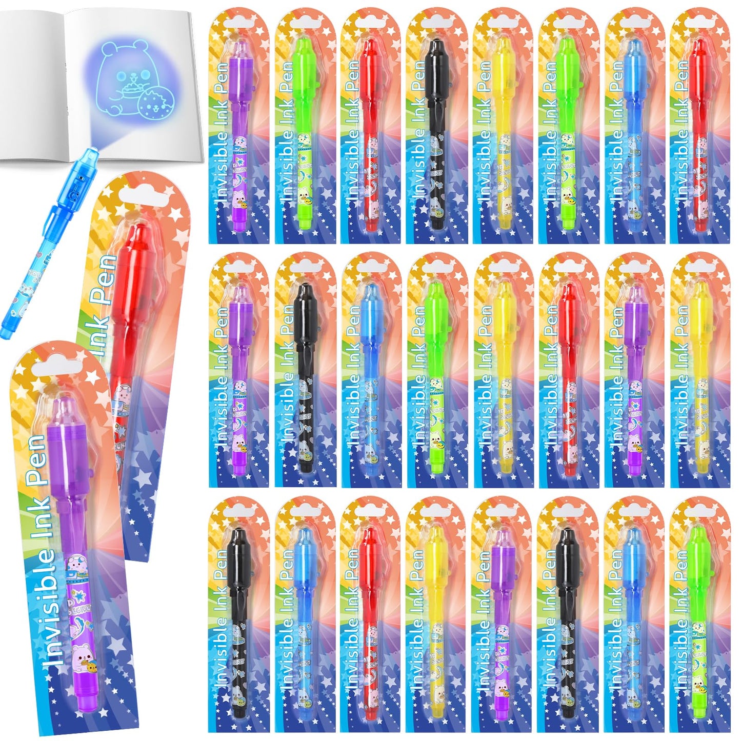 GIFTINBOX Invisible Ink Pen with UV Light for Kids, 24PCS Spy Pen Party Favors for Kids 8-12, Magic Marker for Secret Message, School Supplies Birthday Goody Bag Stuffers for Boys Girls