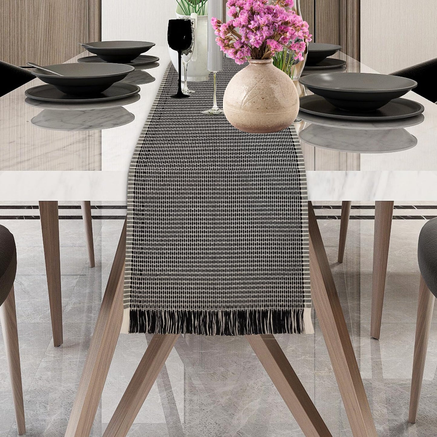 Homewear Arbor Stitch Woven Cotton Table Runner 16x80 Inch, 100% Cotton, Black, Dining Table Centerpiece for Kitchen, Living Room, Farmhouse, Boho Decor, Holiday & Everyday Party Decor, Rustic Home