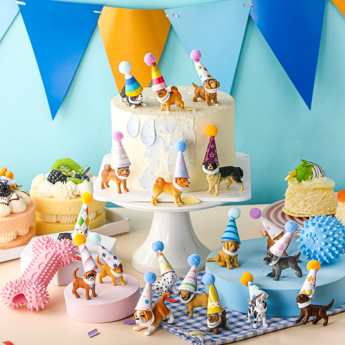 Simgoing 36 Pcs Mini Dog Birthday Party Decorations Mini Birthday Hat with Pom Poms Puppy Figure Model Cake Toppers with Hat for Dog Lovers Animals Themed Party